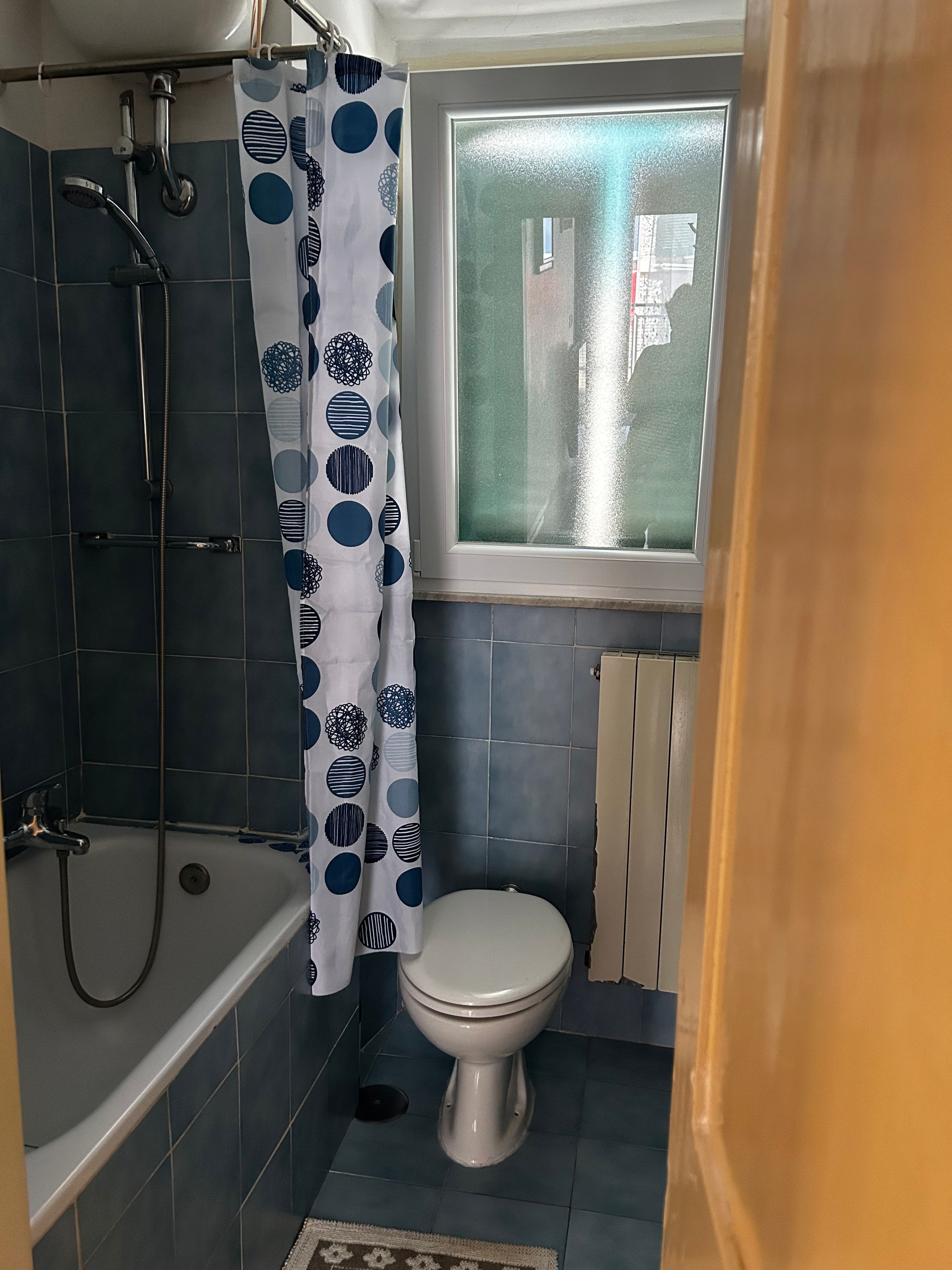 Ein Badezimmer mit Badewanne, Toilette und Dusche.