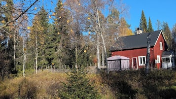 A red wooden house with a metal roof, surrounded by trees and a wooden deck.