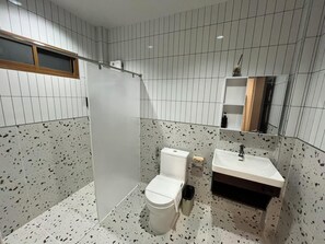 Une salle de bain avec douche, toilettes et lavabo.