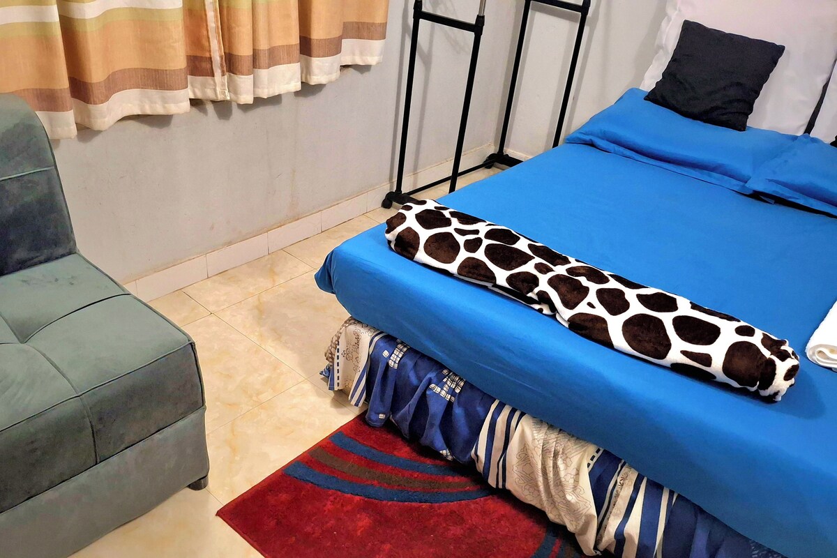 A room with a bed, a chair, a striped curtain, and a red rug.