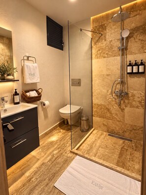 Une salle de bain moderne avec une douche à parois de verre, des toilettes et un meuble-lavabo avec un évier et des rangements.