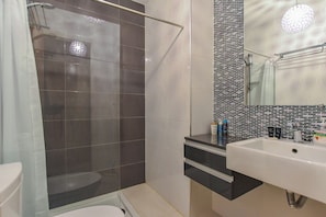 Une salle de bain avec une douche, un lavabo et un miroir.