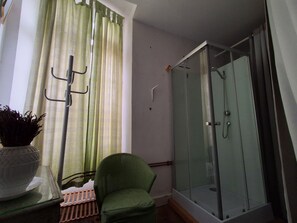 Una habitación con una silla verde, cabina de ducha de vidrio, una planta en maceta y una cortina.