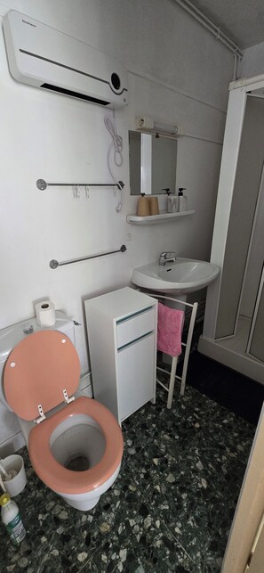 Une petite salle de bain avec des toilettes, un lavabo et un miroir.