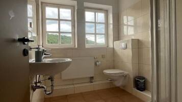 Ein Badezimmer mit Dusche, Toilette, Waschbecken und zwei Fenstern.