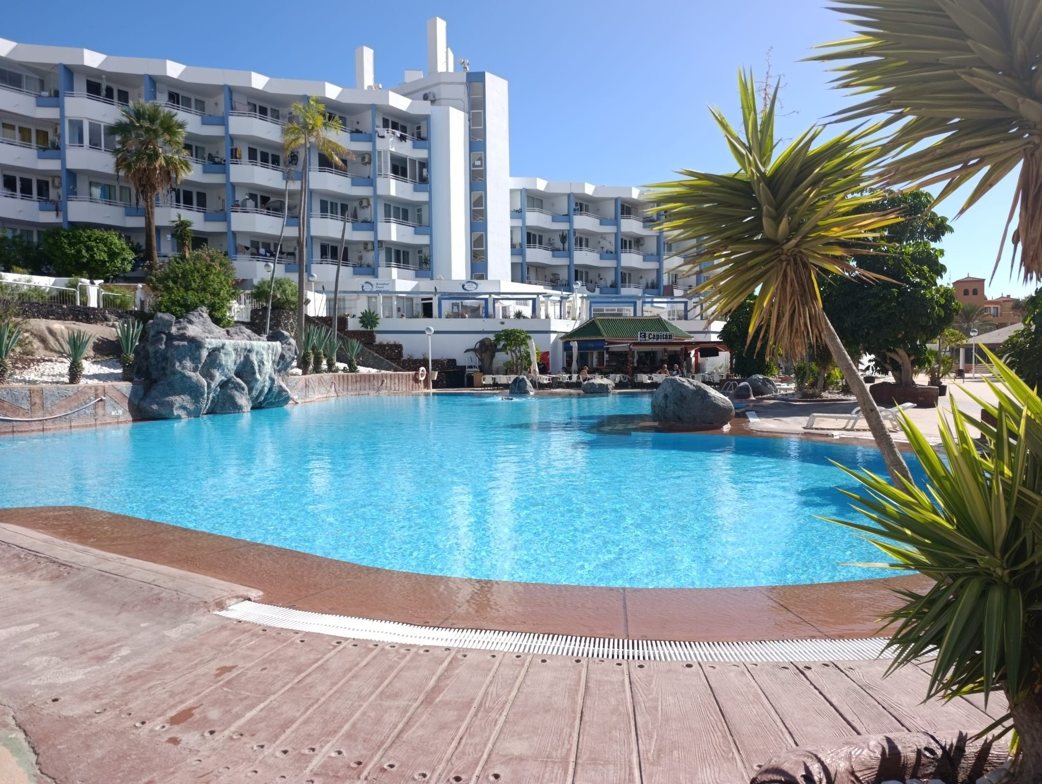 Een hotel met een zwembad, palmbomen en een rotsachtig landschap.