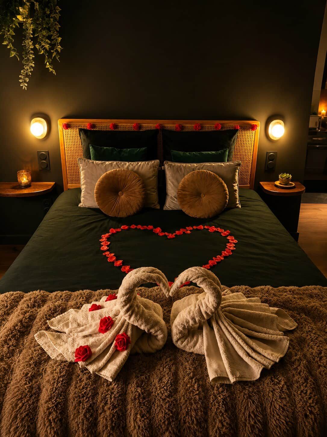 A bed with a heart-shaped decoration made of red roses and a towel arrangement.