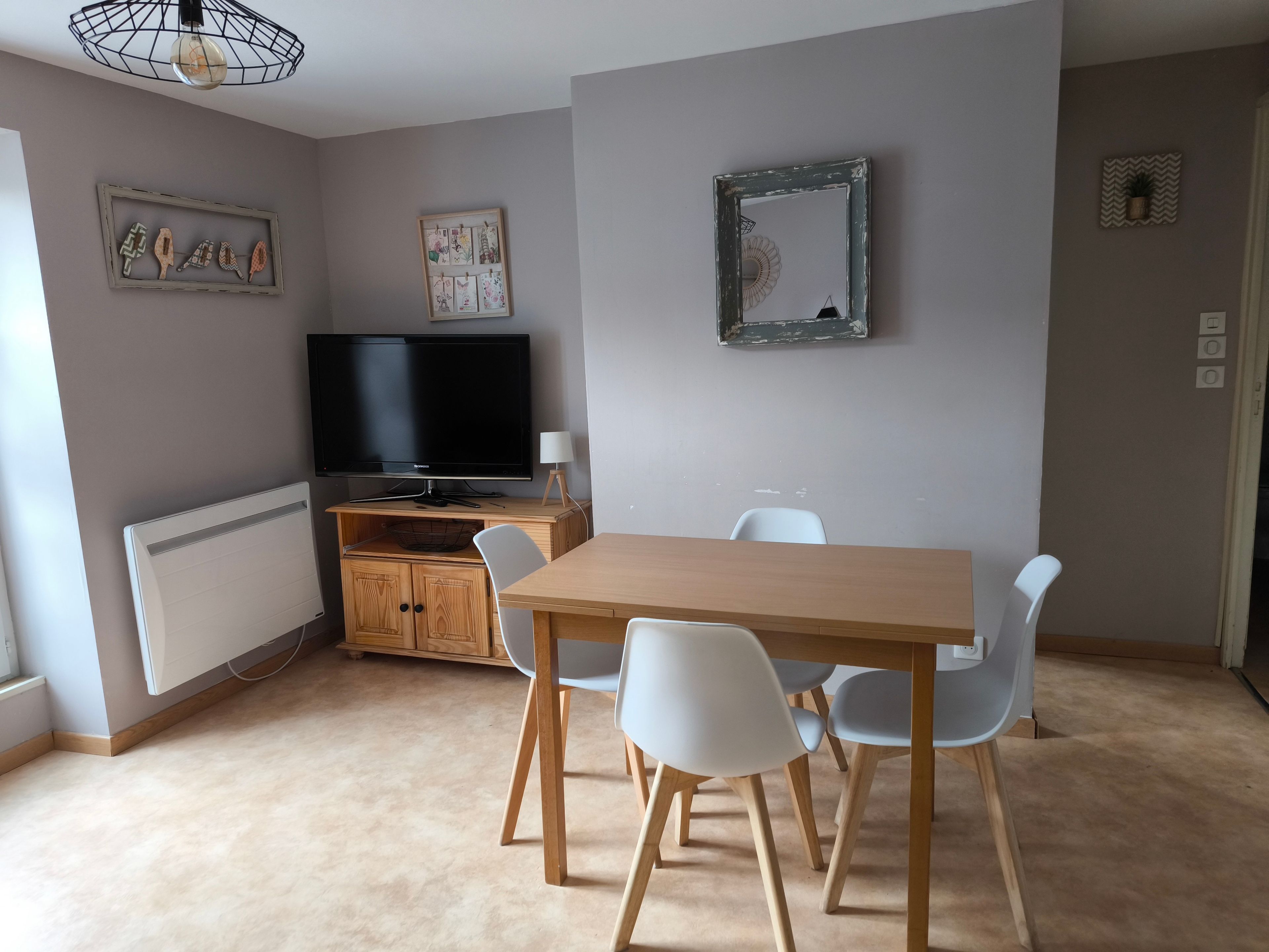 Een moderne woonkamer met een houten eettafel, witte stoelen, een flatscreen televisie en een radiator.