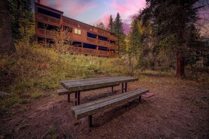 Un edificio rústico de madera con balcón, rodeado de un bosque denso y una mesa de picnic al frente.