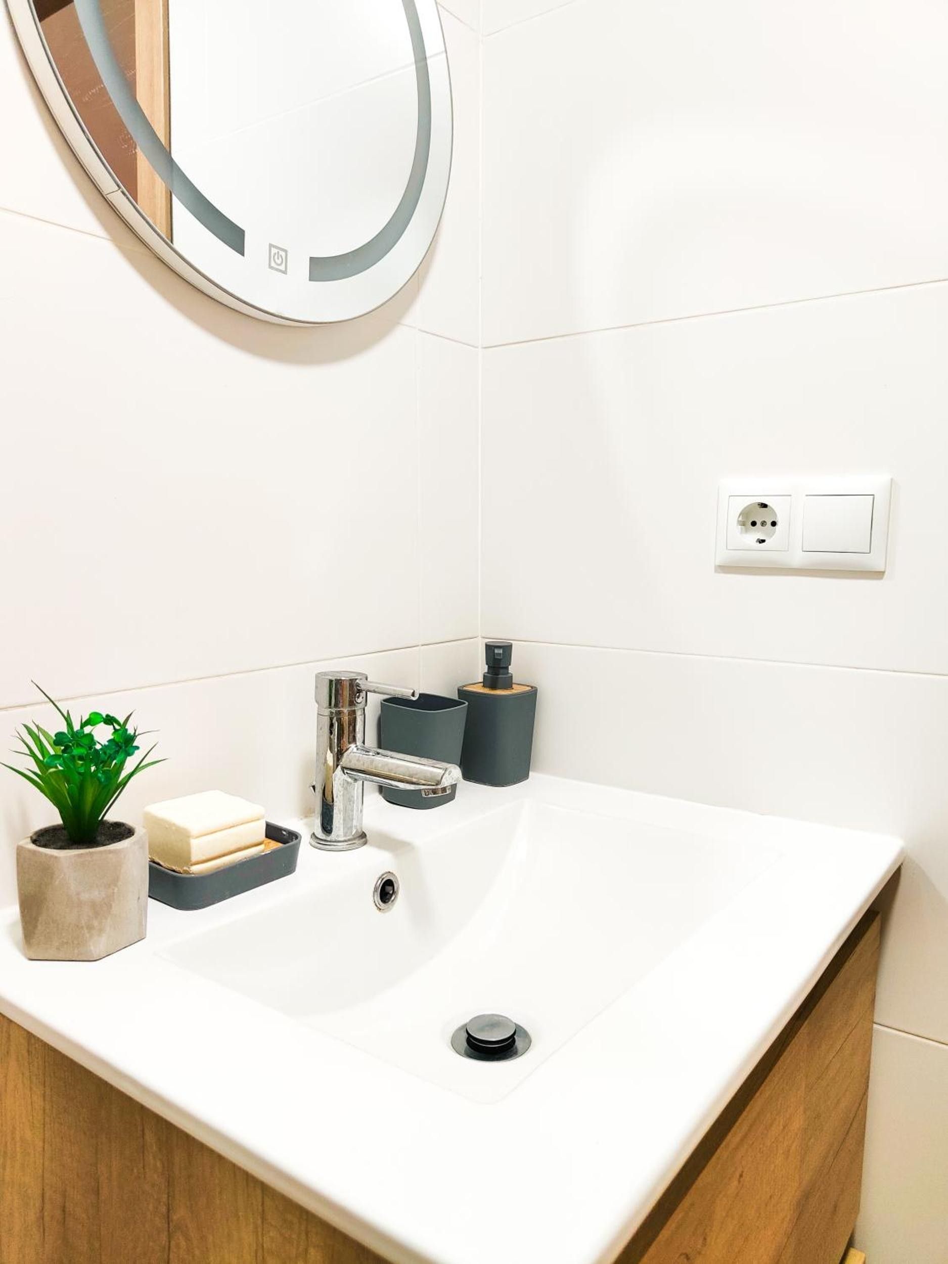 Une salle de bain avec un lavabo blanc, un miroir, une plante en pot, un porte-savon et un porte-serviettes.