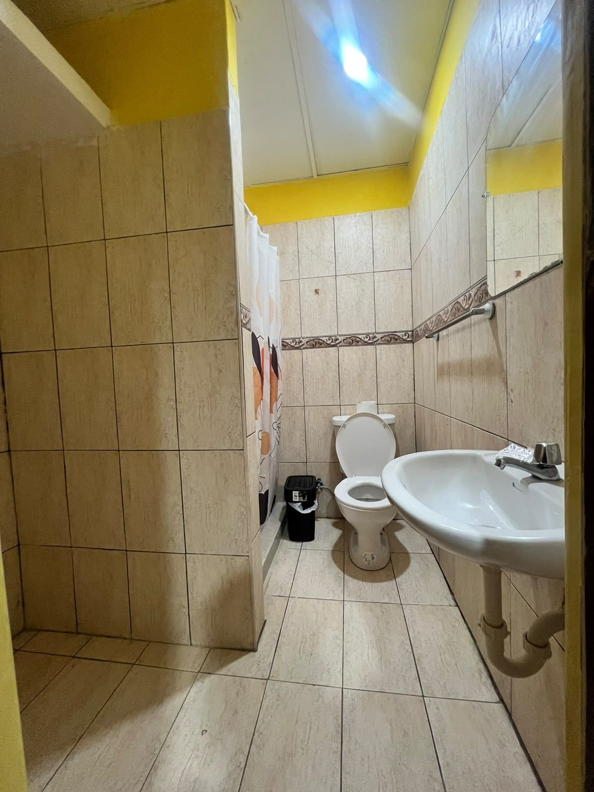 A bathroom with a toilet, sink, and shower area.