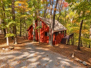 A red cabin surrounded by trees in a forest.