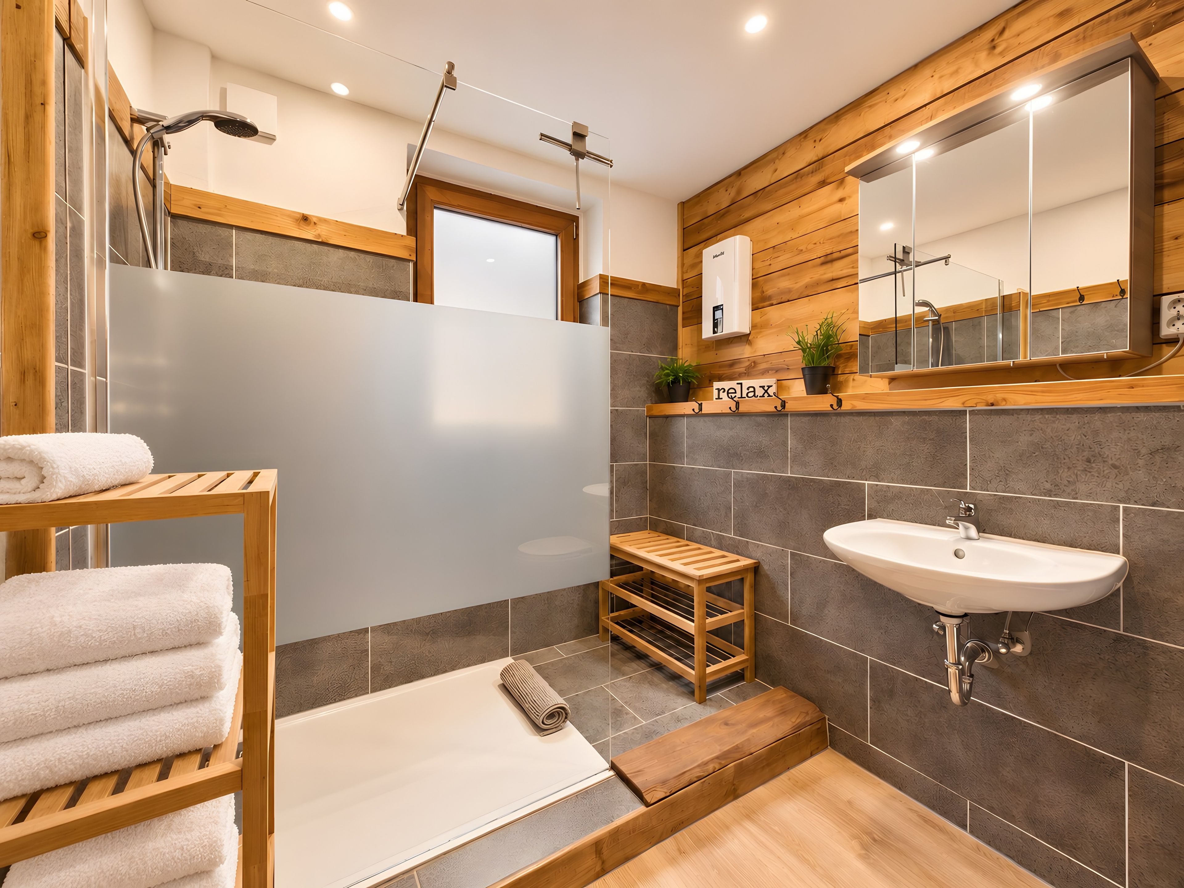 Ein modernes Badezimmer mit einem Holzkosmetikschrank, einem Waschbecken, einer Dusche und einem Spiegel.