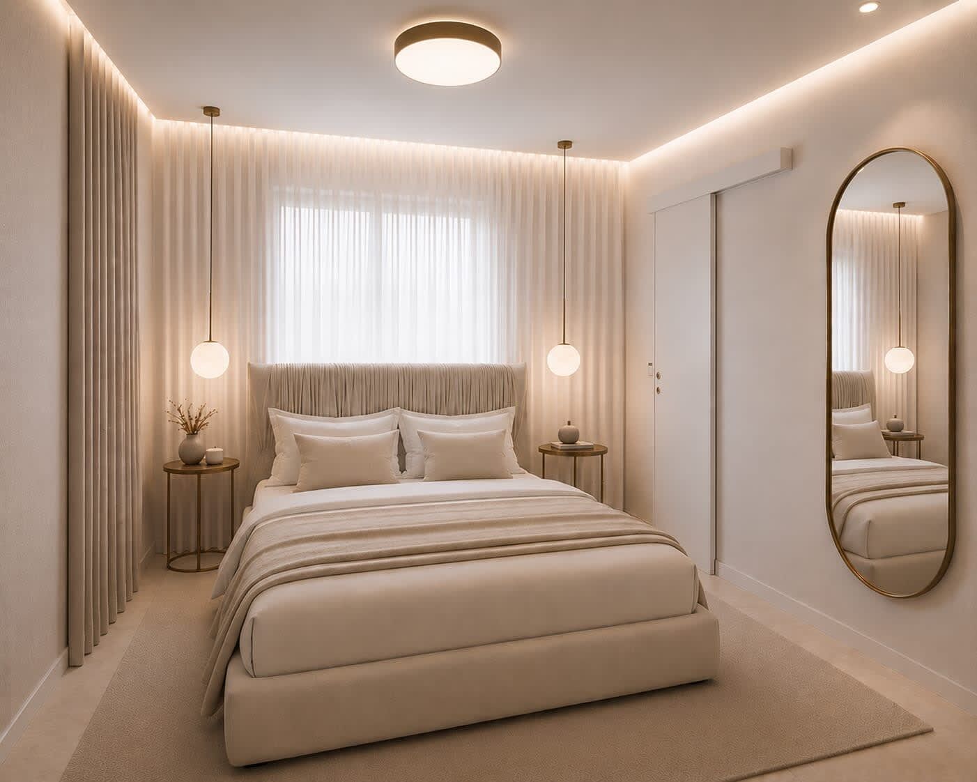 Une chambre à coucher moderne avec un grand lit, des tables de chevet, un miroir et un luminaire au plafond.