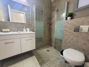 Een badkamer met een douche met glazen wand, een toilet en een wastafel met een spiegel erboven.