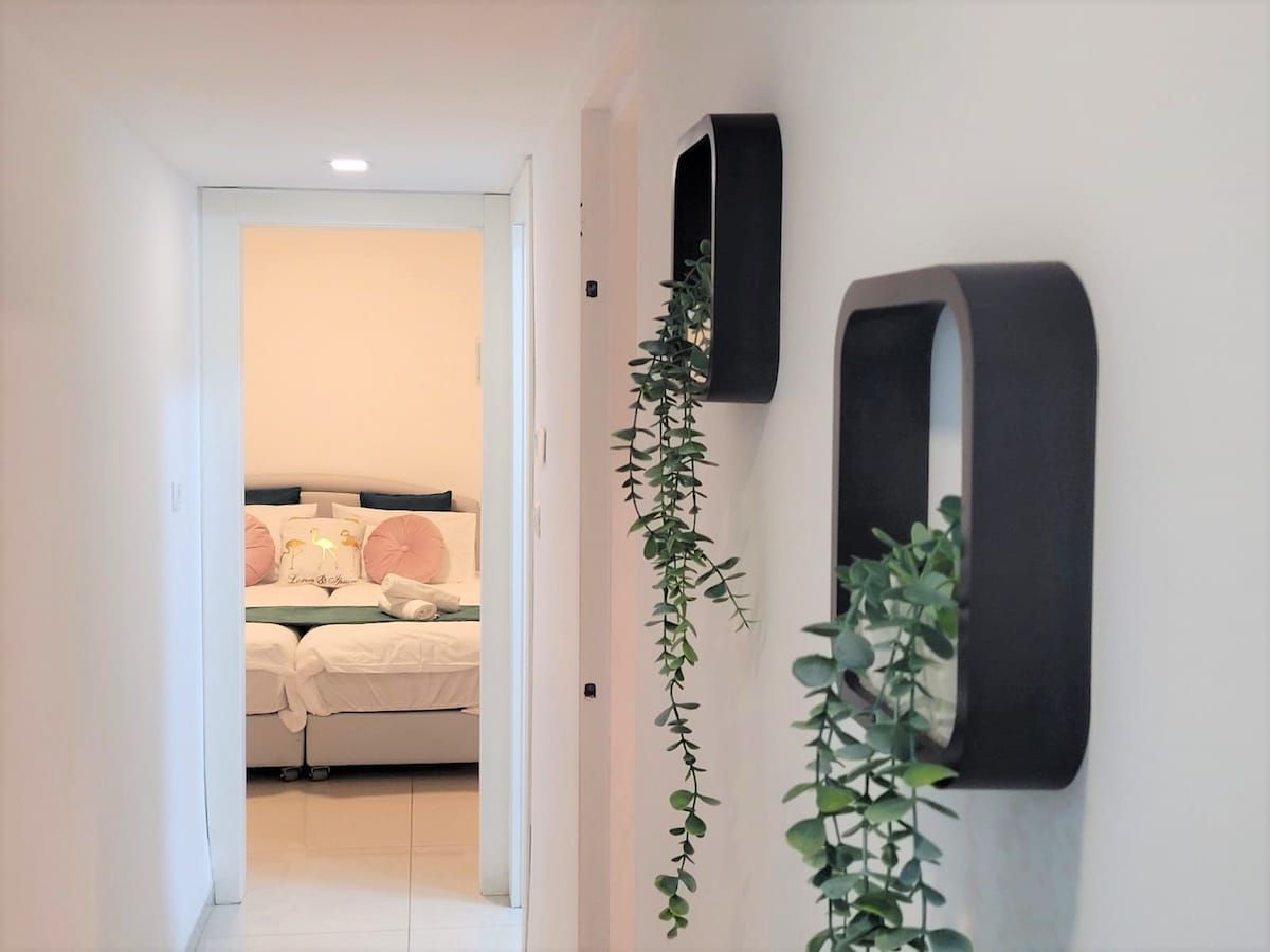 Een gang die leidt naar een slaapkamer met een bed, een aan de muur bevestigde televisie en een hangplant.