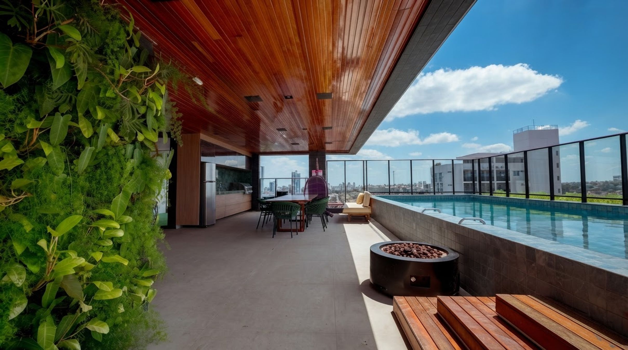 Una terraza en la azotea con piscina, zona de estar y una chimenea.