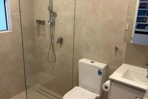 Un baño con ducha de mampara de vidrio, inodoro y lavabo.