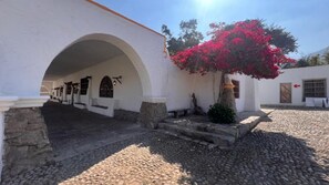 Un patio con un edificio blanco, escalones de piedra y un árbol con flores rojas.