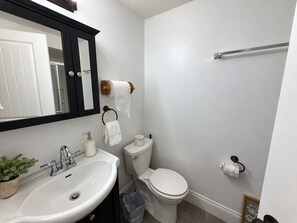 Casa de banho com lavatório branco, sanita, porta-toalhas e espelho.