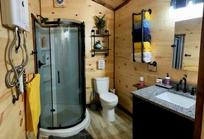 Een badkamer met een douchecabine van glas, een toilet, een wastafel met een granieten blad en houten wanden.