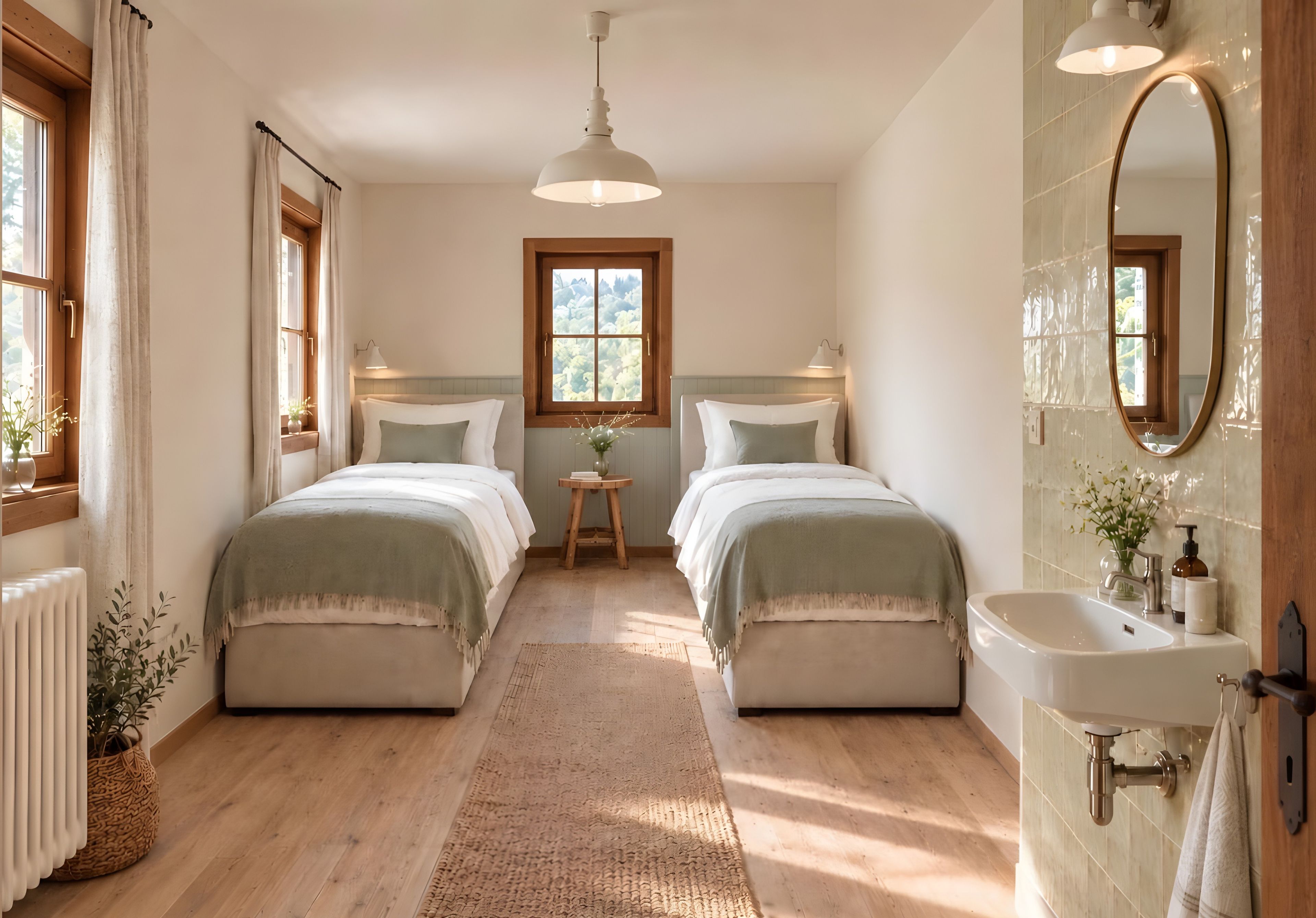 A bedroom with two beds, a window, a bedside table, a mirror, and a sink.