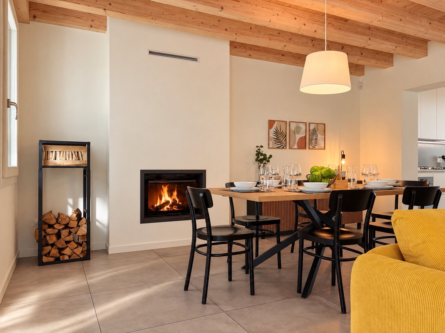 Un salon moderne avec une cheminée, un coin repas et une cuisine en arrière-plan.