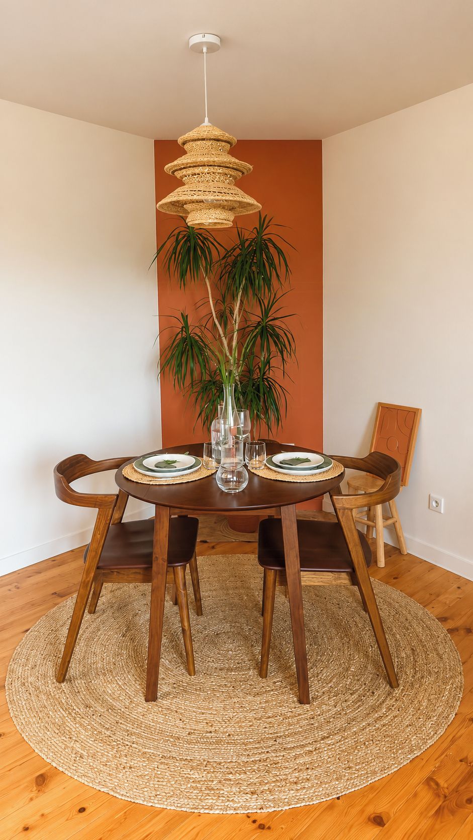 A dining area with a round table, chairs, a woven rug, a potted plant, and a hanging light fixture.
