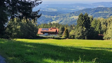 Une maison avec un toit rouge et des panneaux solaires, entourée d’une végétation luxuriante et avec des collines en arrière-plan.
