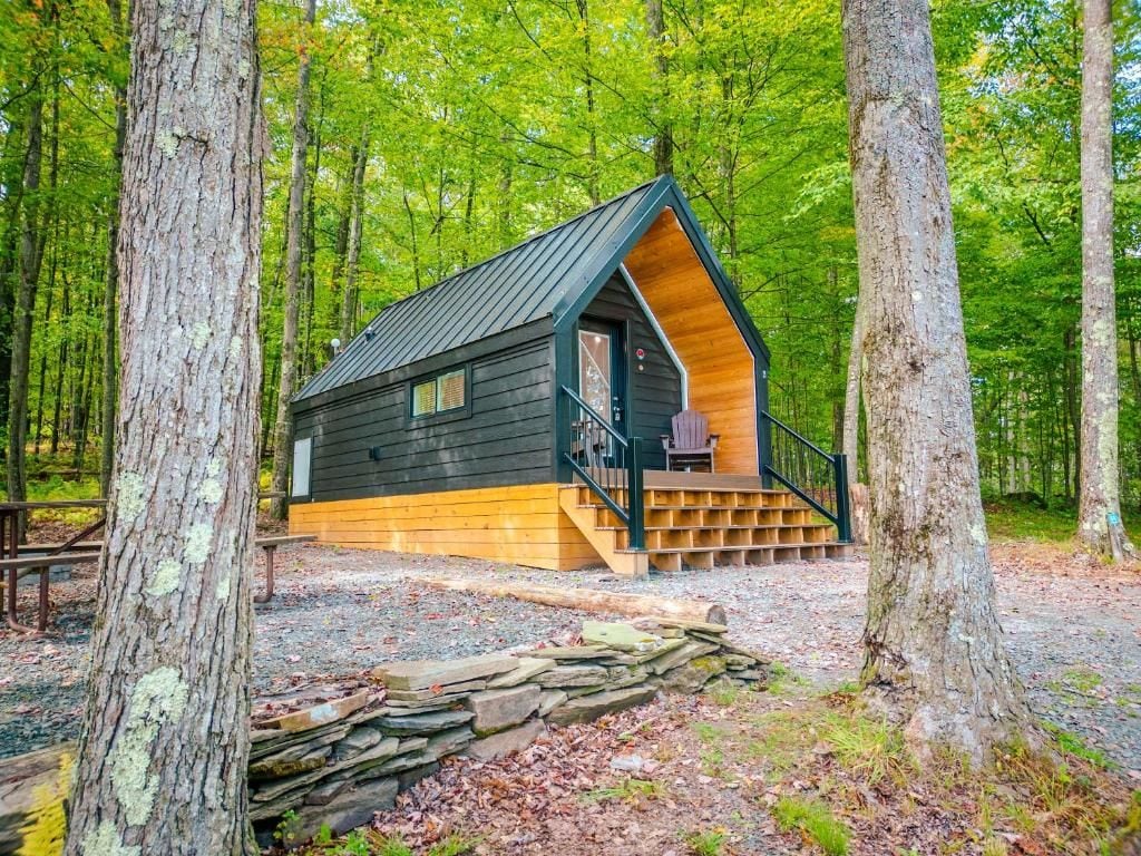 A cabin with a wooden exterior and a metal roof, surrounded by trees.