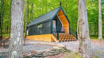 A cabin with a wooden exterior and a metal roof, surrounded by trees.