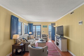 Deluxe Condo, 2 Bedrooms, Balcony, Oceanfront (308A) | Living area | TV - Ocean Forest Villas by Elliott Beach Rentals (Myrtle Beach)