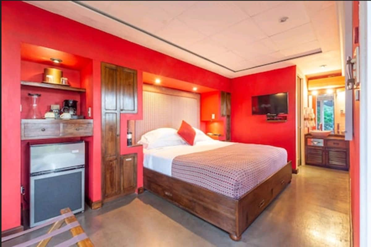 Un dormitorio con cama, televisor, kitchenette pequeña y baño.