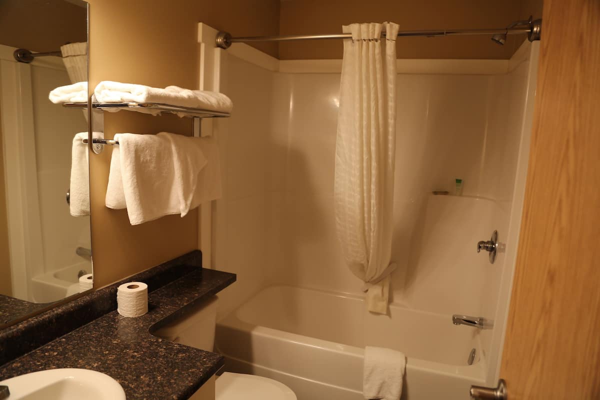 Combined shower/tub, free toiletries, towels