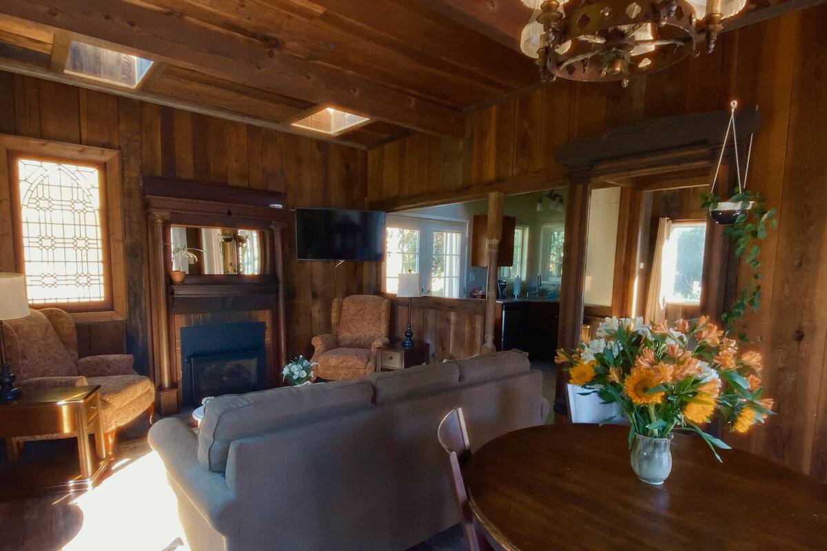 A cozy cabin interior with a wooden interior, a fireplace, a sofa, a dining table, and a TV.