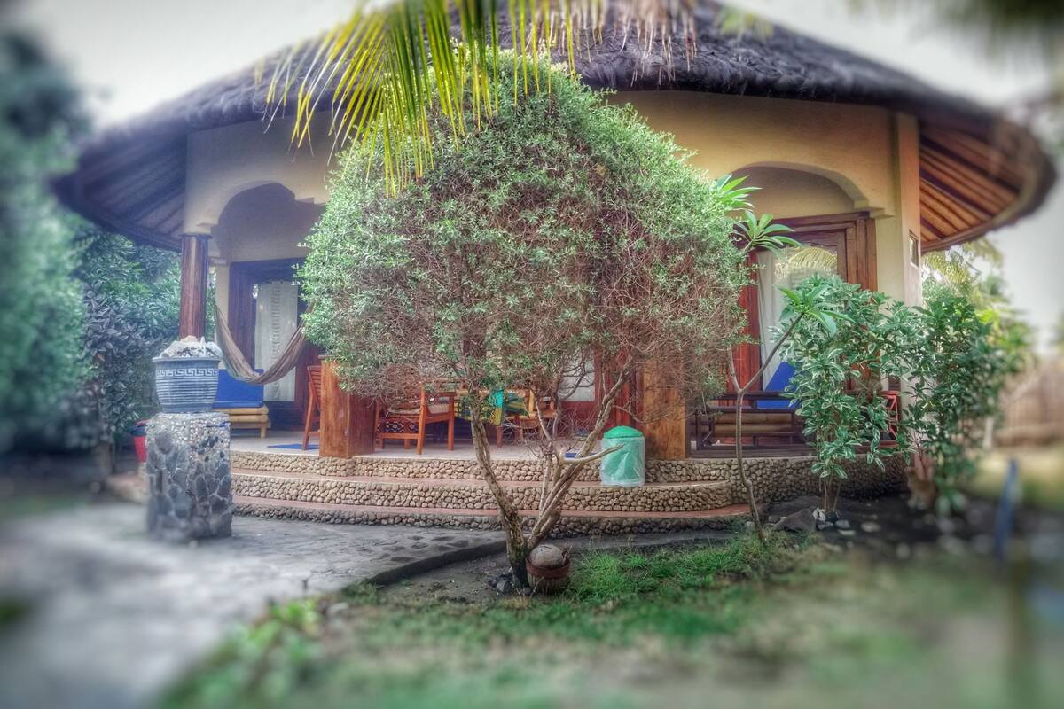 A traditional house with a thatched roof, a small garden with a tree, and a stone pathway.