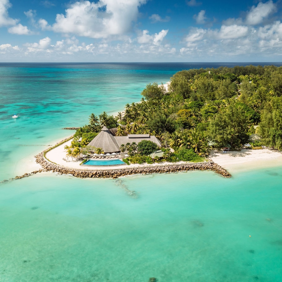 An aerial view of a tropical island with a swimming pool, a thatched-roof building, and lush greenery.