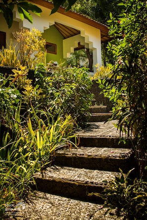 A stone staircase surrounded by lush greenery, leading to a building with a tiled roof.