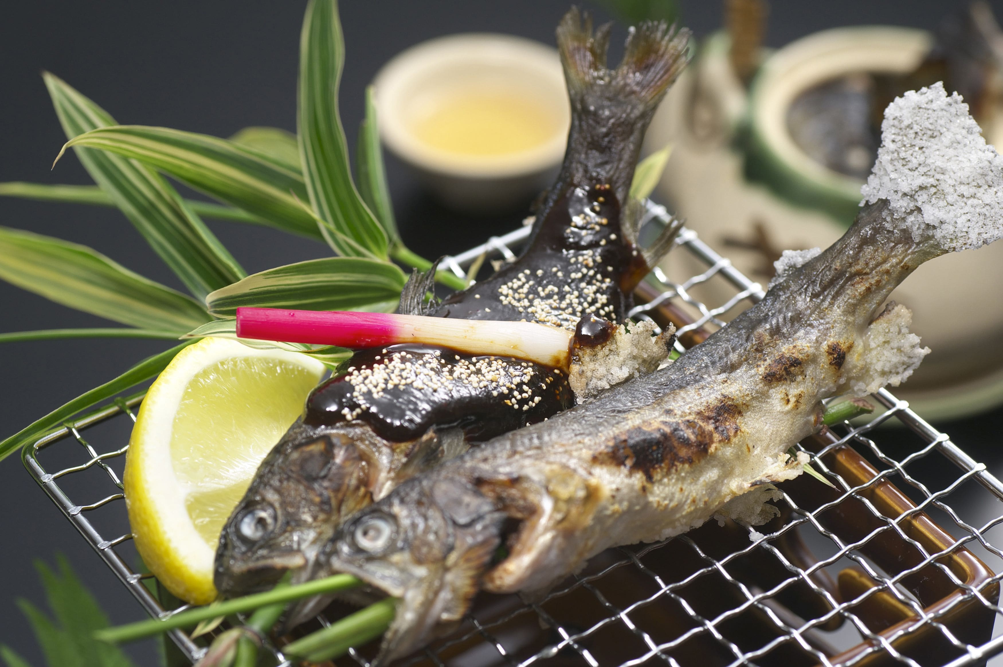 Grilled fish on a wire rack with lemon slices and herbs.