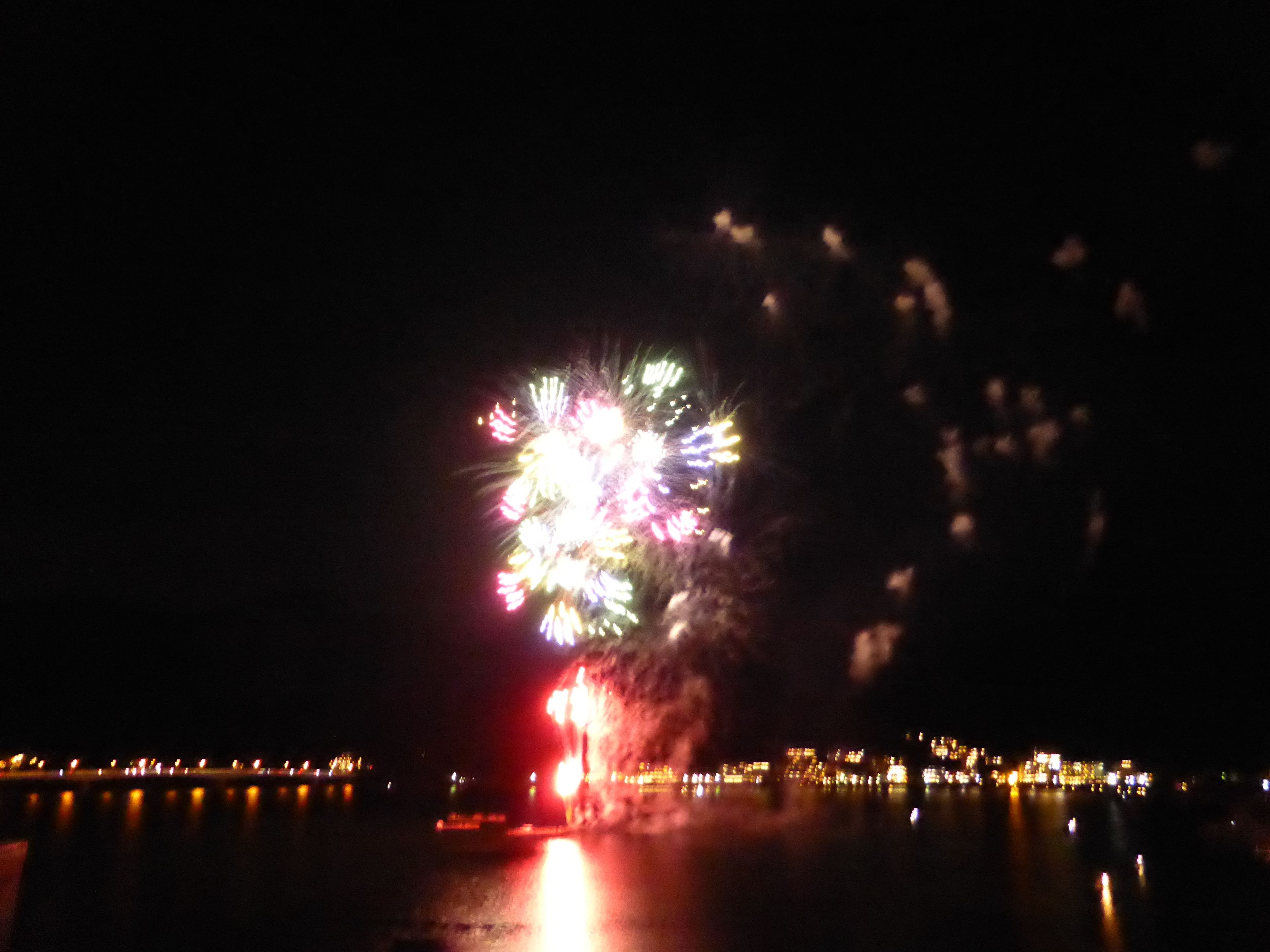 Vista nocturna de fuegos artificiales sobre un cuerpo de agua, con luces de la ciudad al fondo.