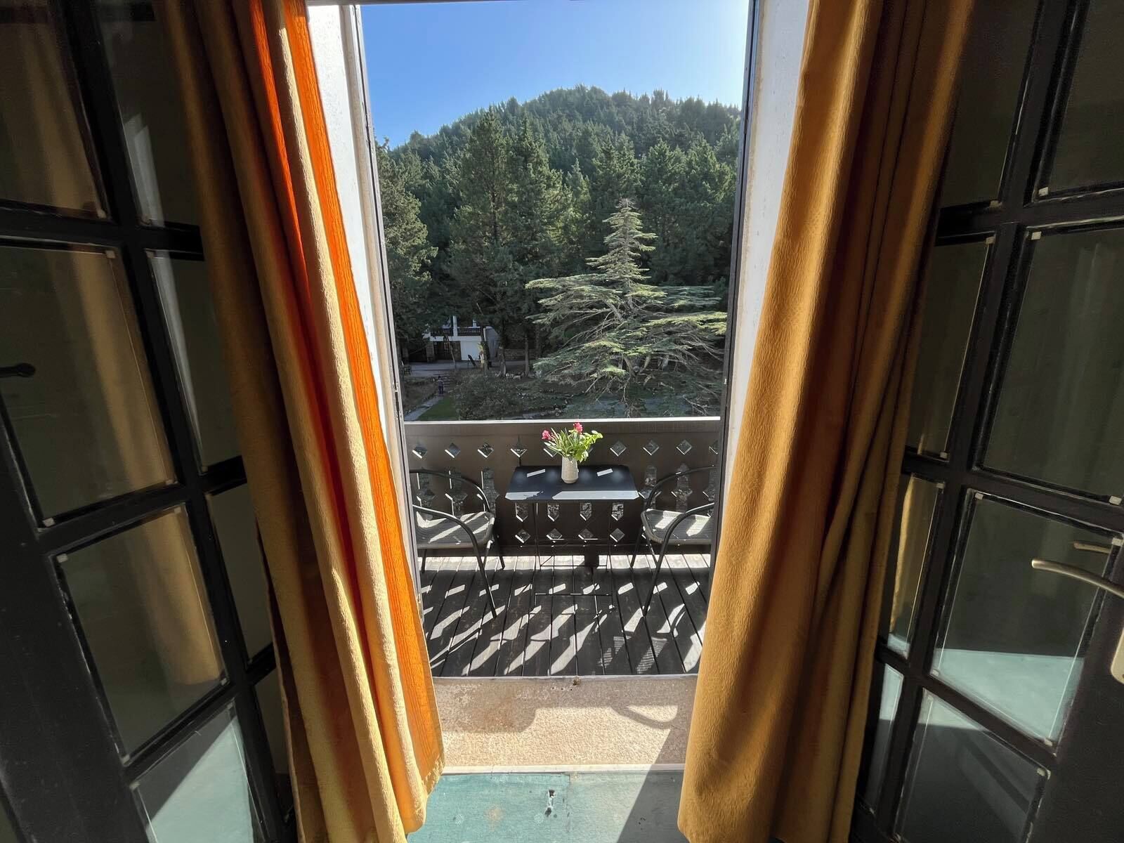 Un balcón con vistas a una ladera boscosa, una mesita con sillas y una planta en maceta.
