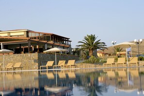 Outdoor pool, pool umbrellas, pool loungers