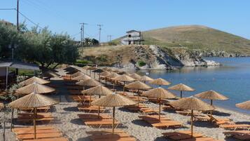On the beach, sun-loungers, beach umbrellas, beach towels