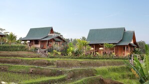 A traditional wooden house with a green roof, surrounded by lush greenery and terraced rice fields. - Ti Amo Bali (Penebel)