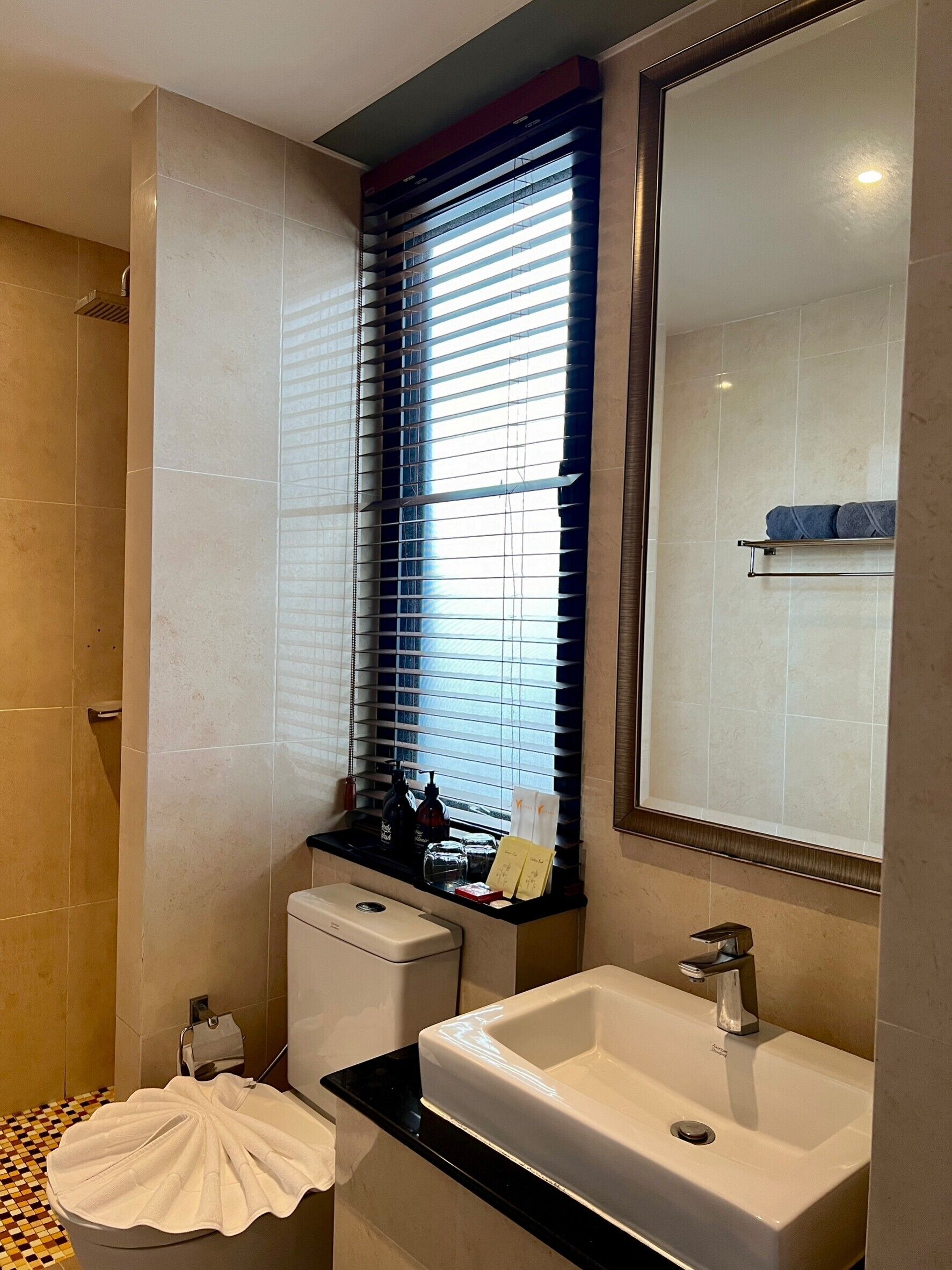 A bathroom with a toilet, sink, and window with blinds.