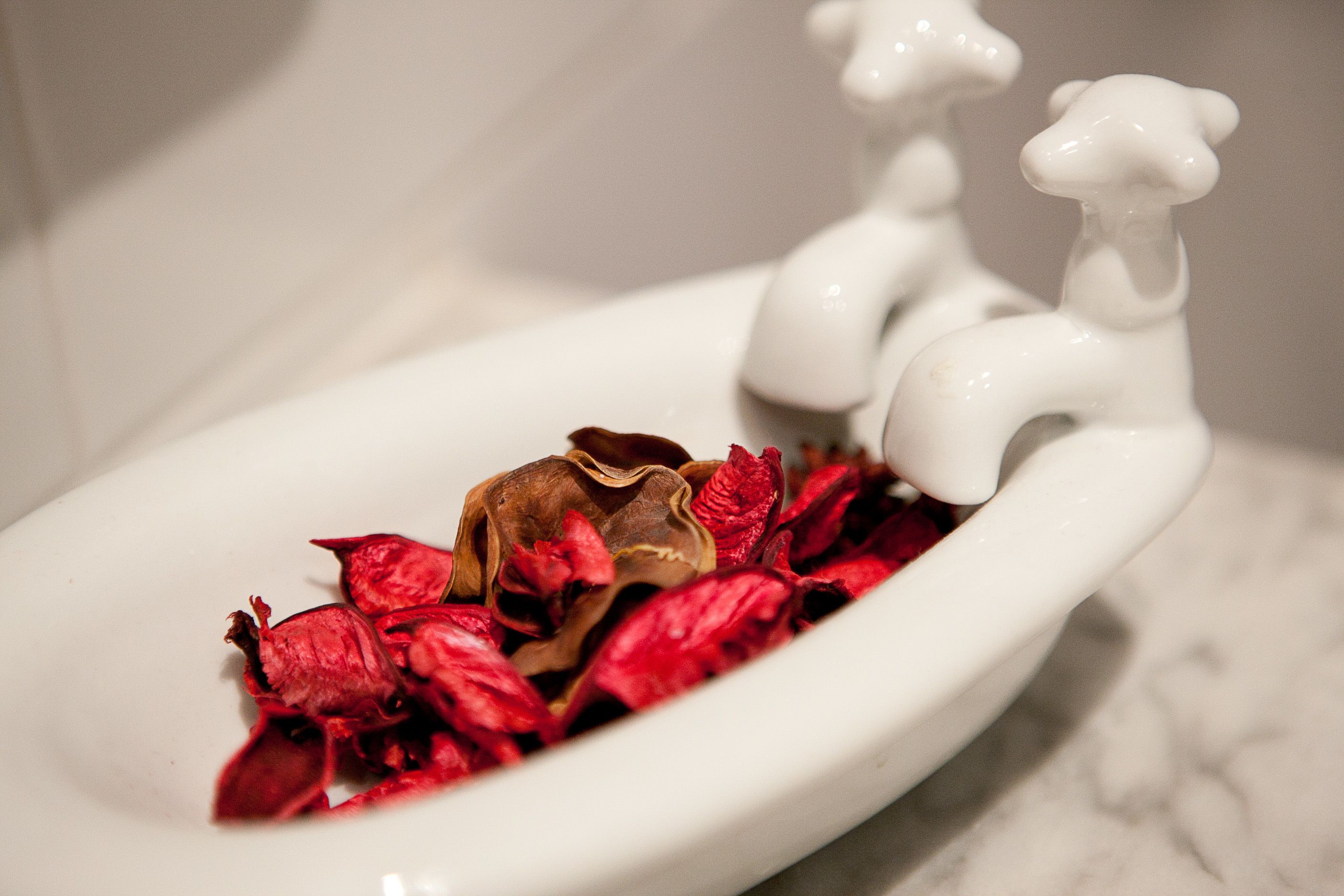Eine weiße Keramiktoilette mit einer floralen Dekoration aus roten und braunen getrockneten Blumen im Becken.