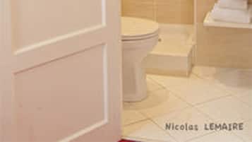 Un baño con inodoro, ducha y lavabo.