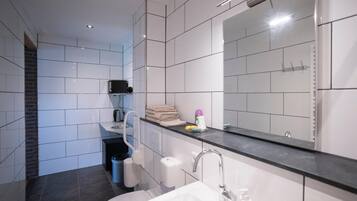 Un baño moderno con un lavamanos blanco, un espejo y un inodoro.
