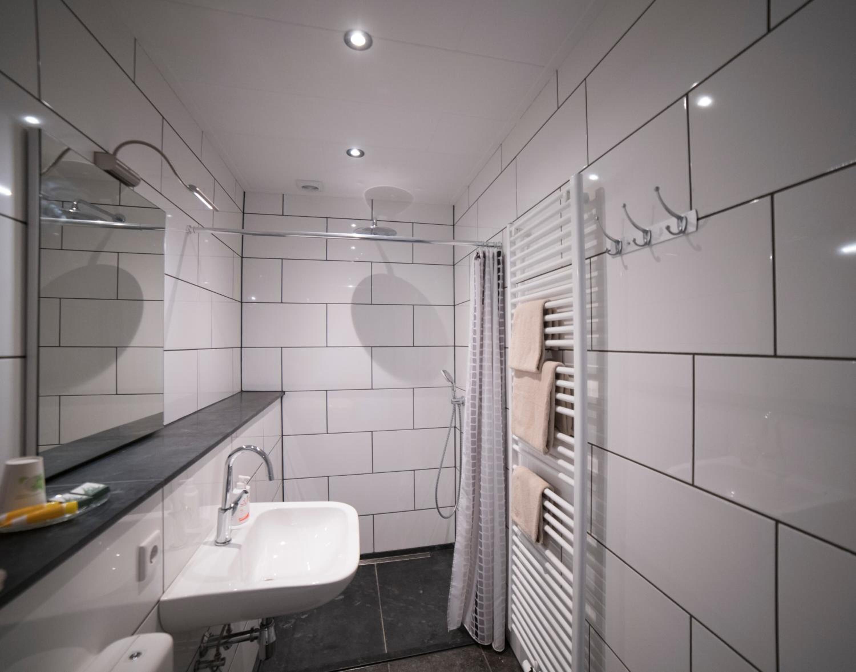 Une salle de bain moderne avec un lavabo blanc, un miroir et un espace douche.