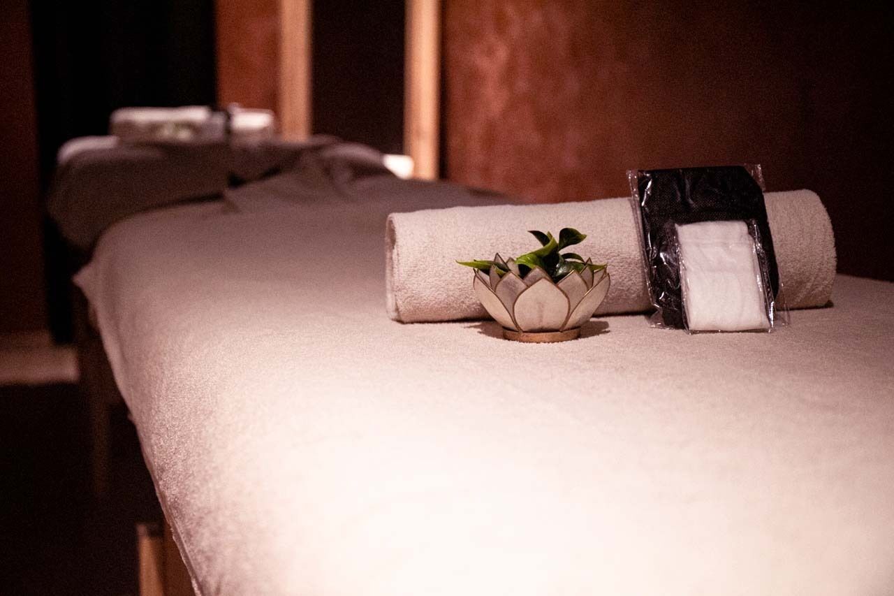 Una cama bien hecha con una colcha blanca, una planta pequeña en maceta y una toalla enrollada.